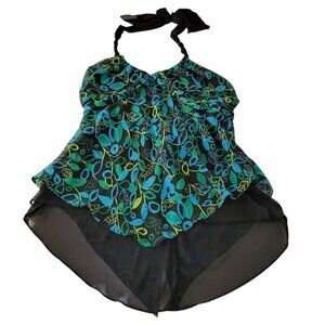 VTG Y2k MIXIT Blouse Womens XL Teal Semi Sheer Halter Flowy Tiered Handkerchief